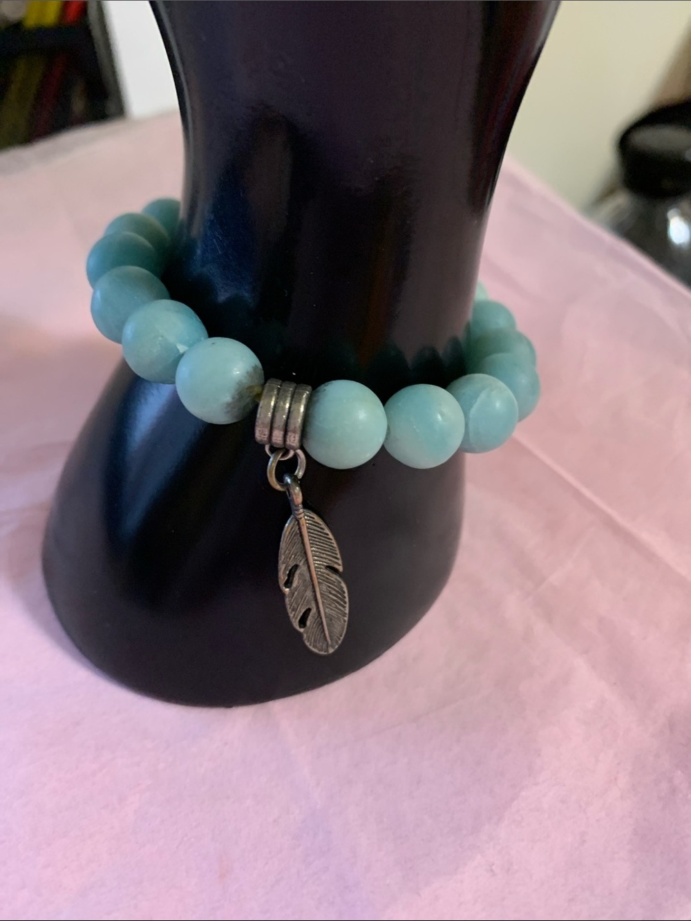 Beaded Turquoise Feather Charm Stretch Bracelet - Brand Unspecified